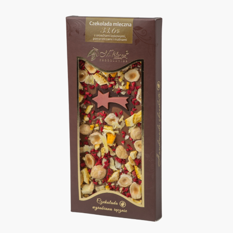 Czekolada mleczna 33,6% z orzechami laskowymi, pomarańczami, malinami i gwiazdką